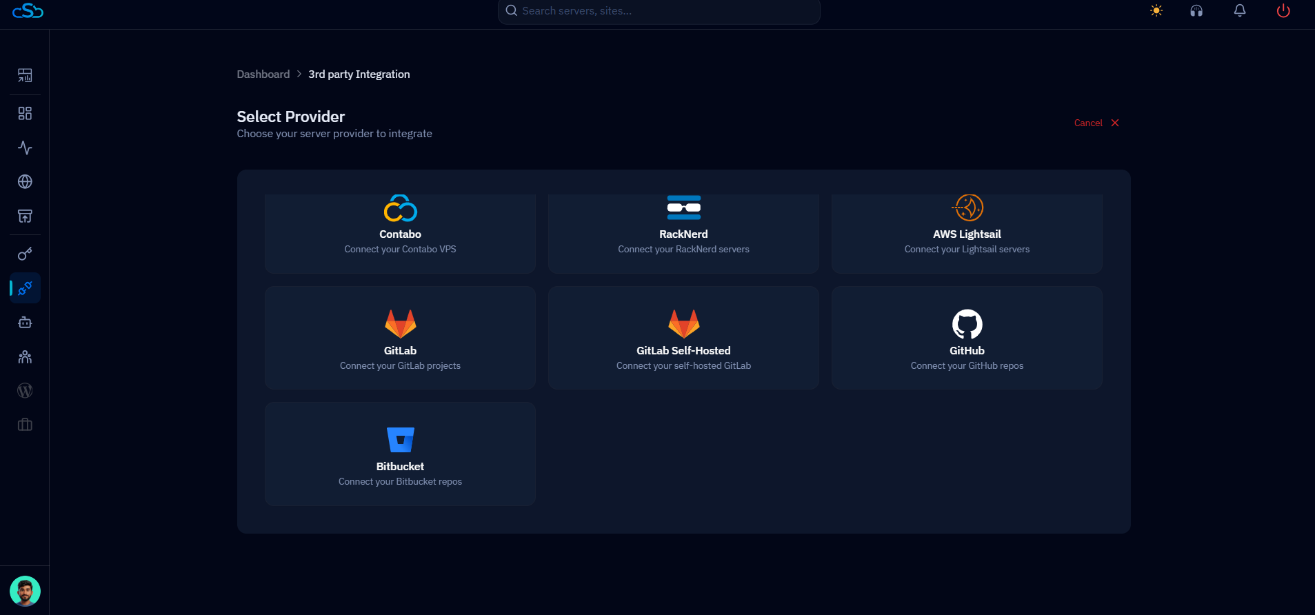 Fig. 11 — The Select Provider screen showing GitHub alongside GitLab, GitLab Self-Hosted, and Bitbucket.