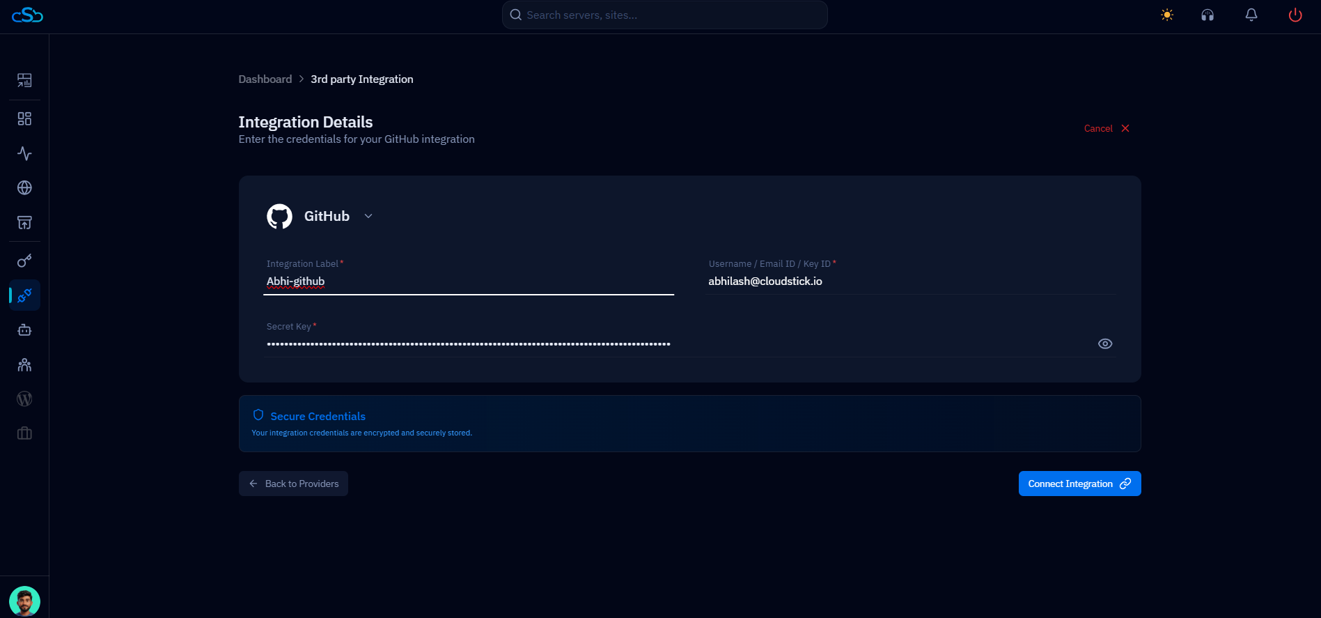 Fig. 12 — The Integration Details form for GitHub, with Integration Label, Username, and Secret Key fields.