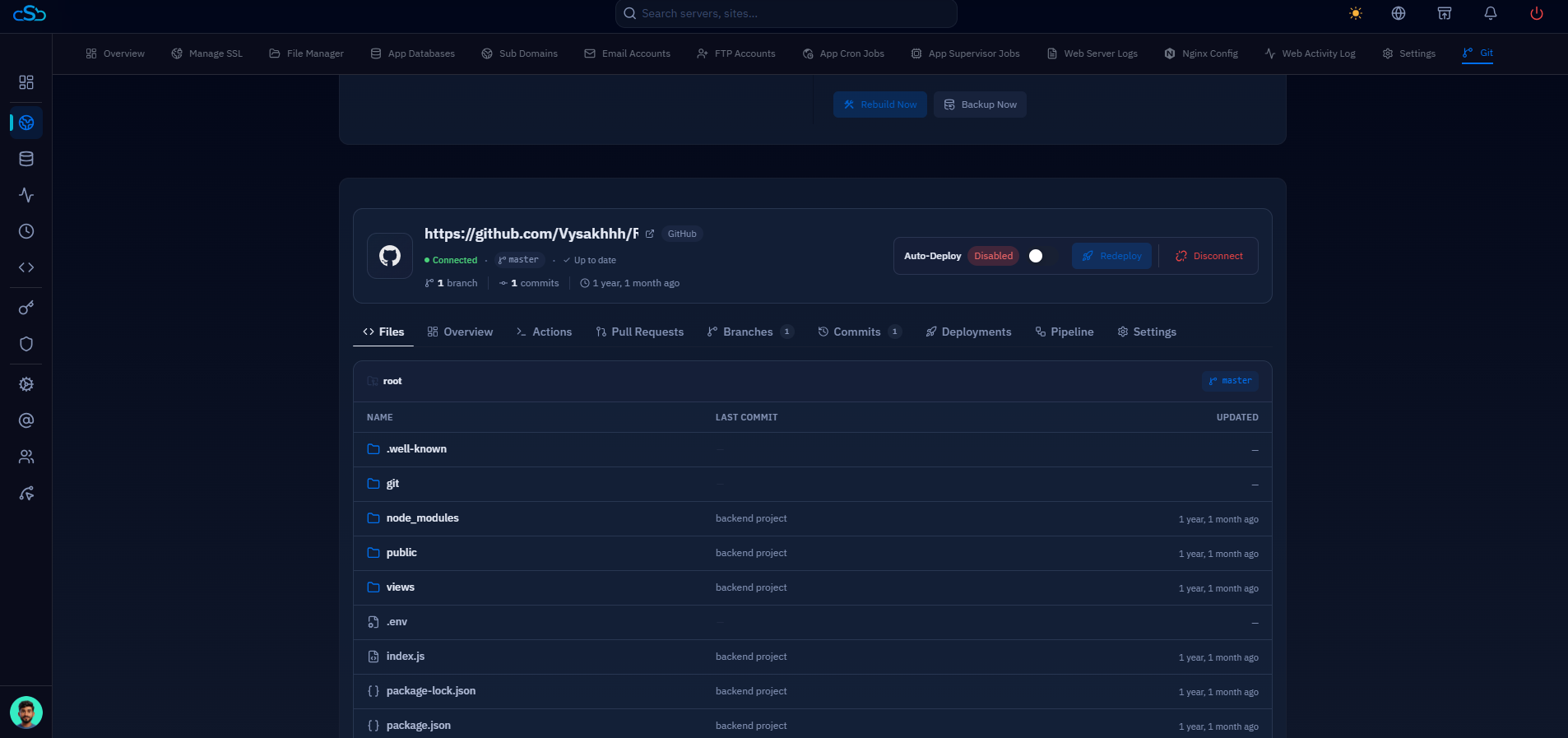 Fig. 13 — The Website Summary Git tab showing the connected repository, Auto-Deploy toggle, and repository tabs.