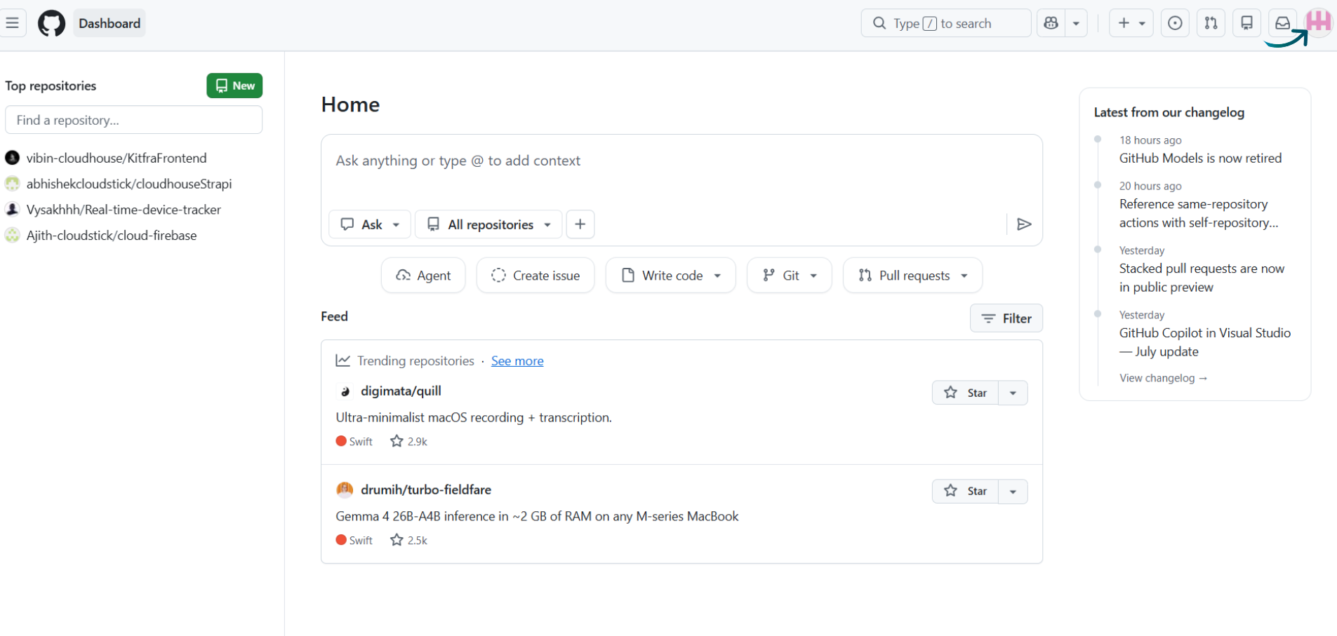 Fig. 02 — The GitHub dashboard with the profile picture highlighted in the top-right corner.