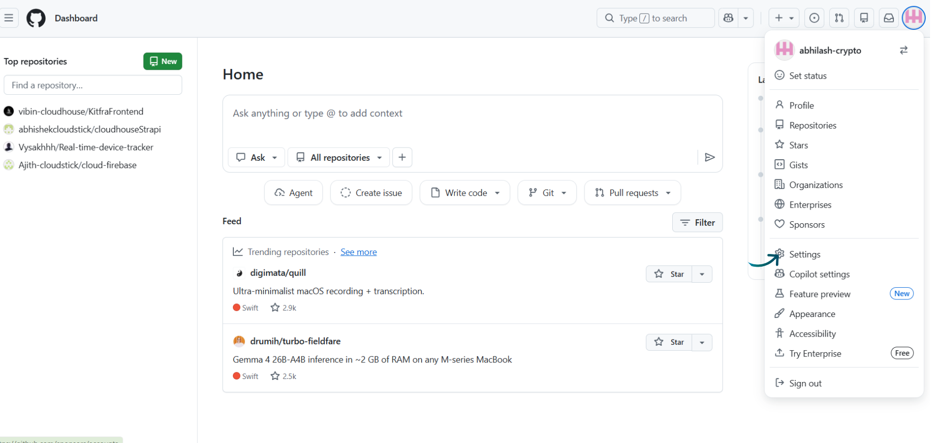 Fig. 03 — The GitHub profile dropdown menu with Settings highlighted.