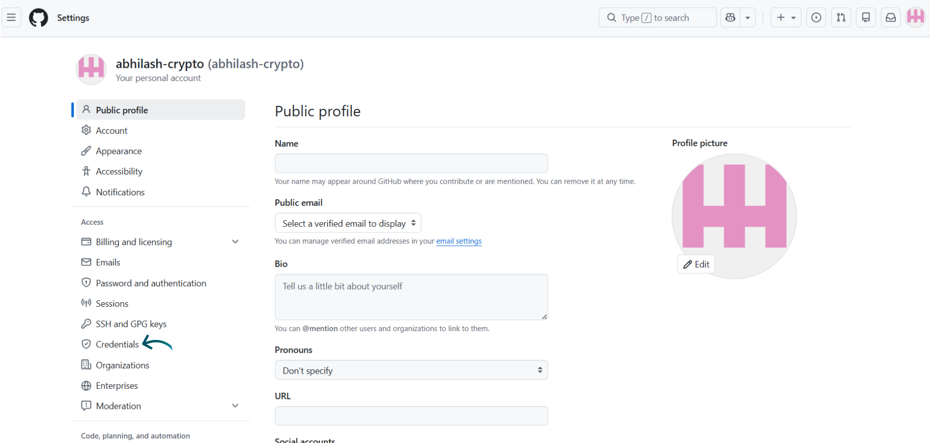 Fig. 04 — The Public profile settings page with Credentials highlighted in the left sidebar.