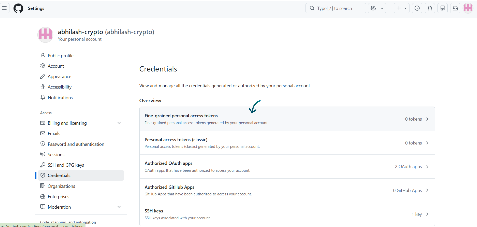 Fig. 05 — The Credentials overview page, with Fine-grained personal access tokens selected.