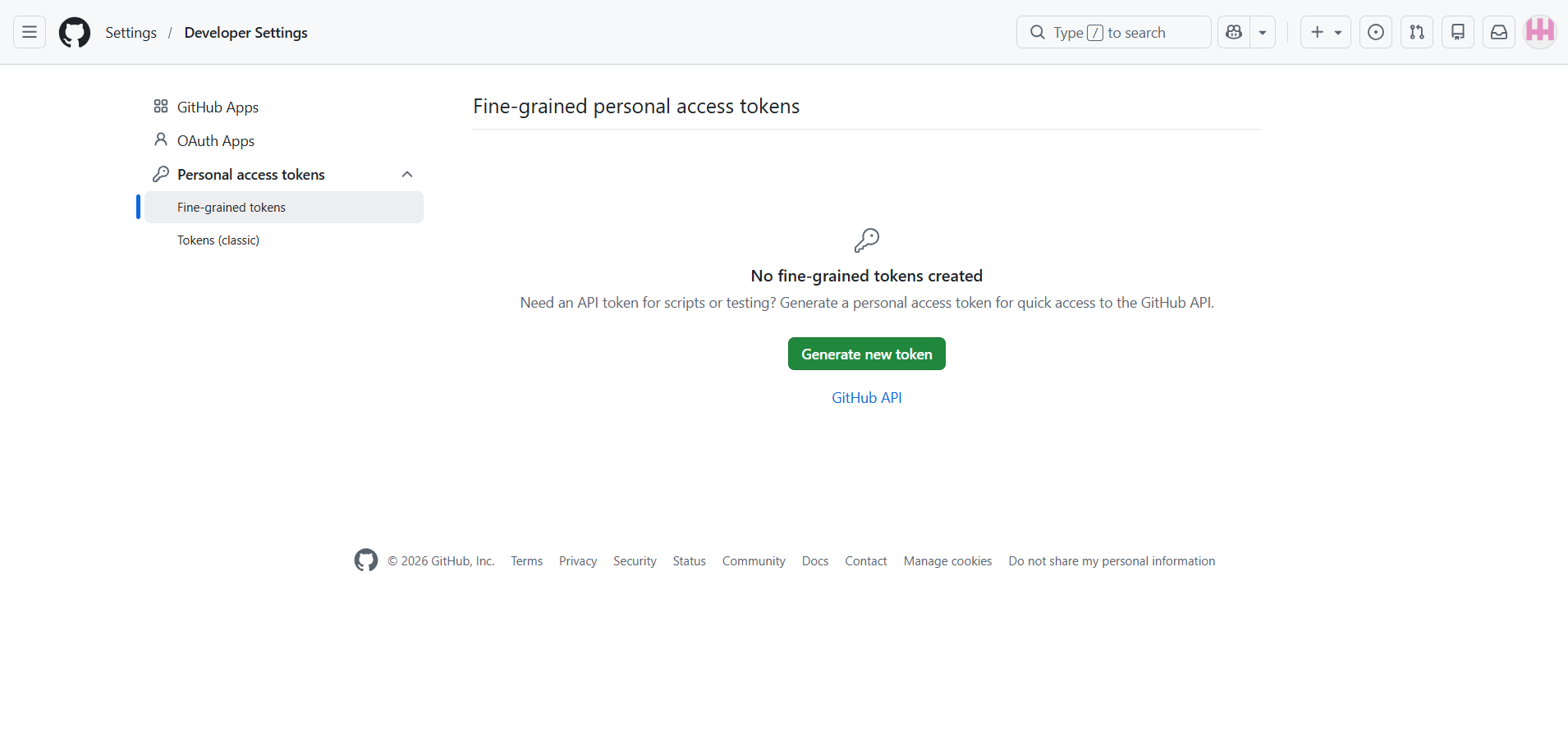 Fig. 06 — The Fine-grained personal access tokens page before any tokens have been created.