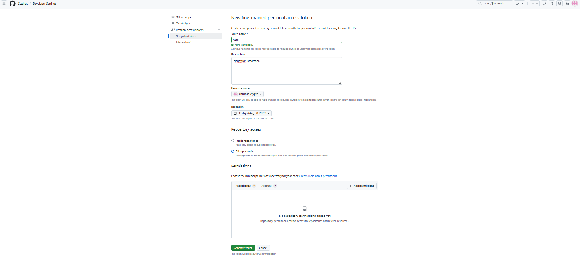 Fig. 07 — The New fine-grained personal access token form with repository access and permissions.