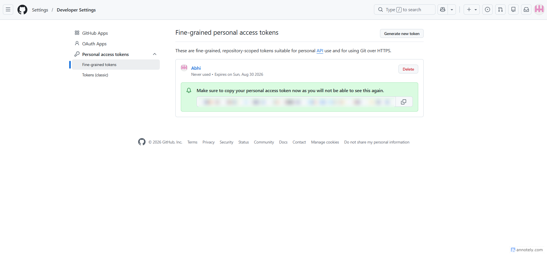 Fig. 08 — The generated fine-grained personal access token, shown once on GitHub (token value redacted here for security).