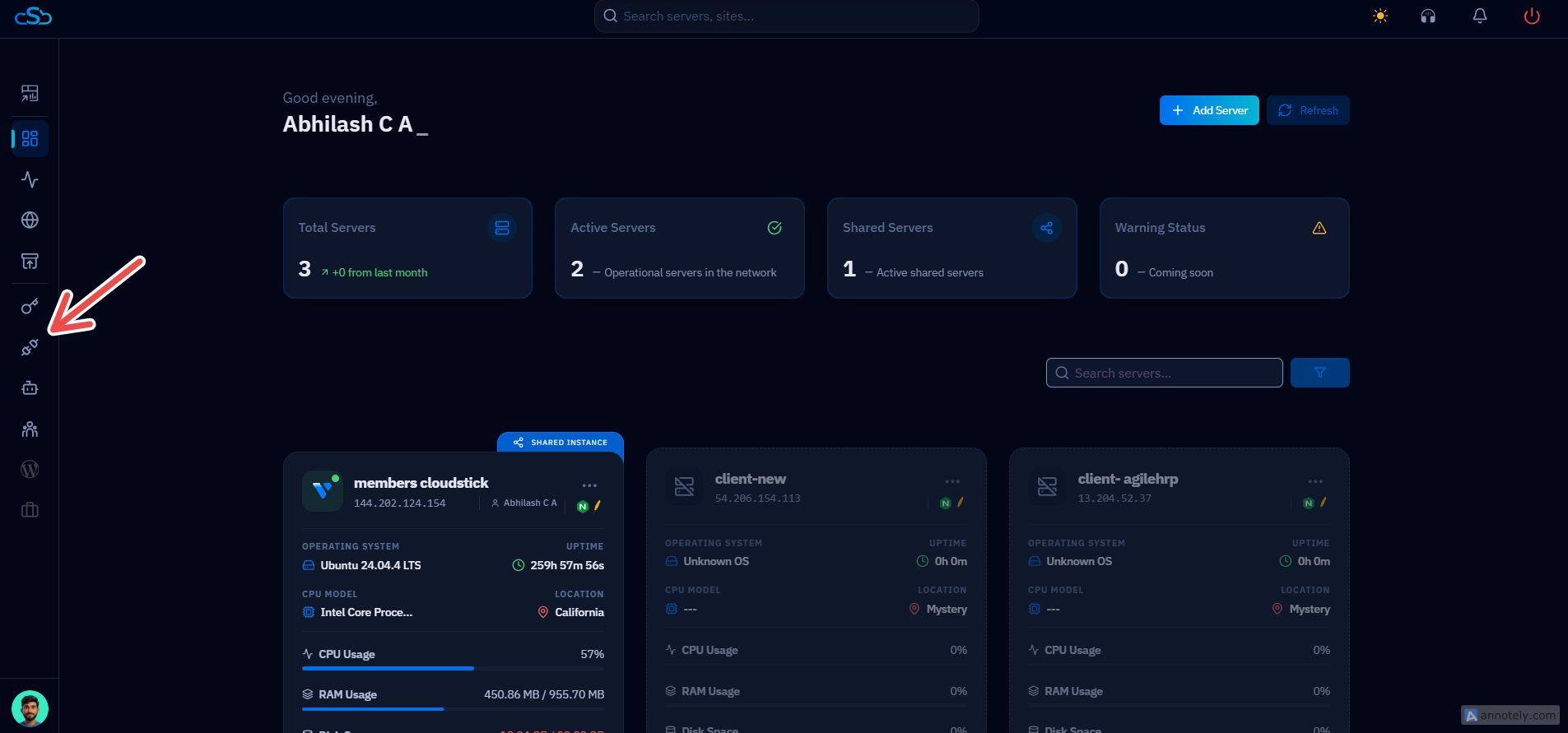 Fig. 09 — The CloudStick dashboard with the Third-Party Integrations icon highlighted in the left navigation.