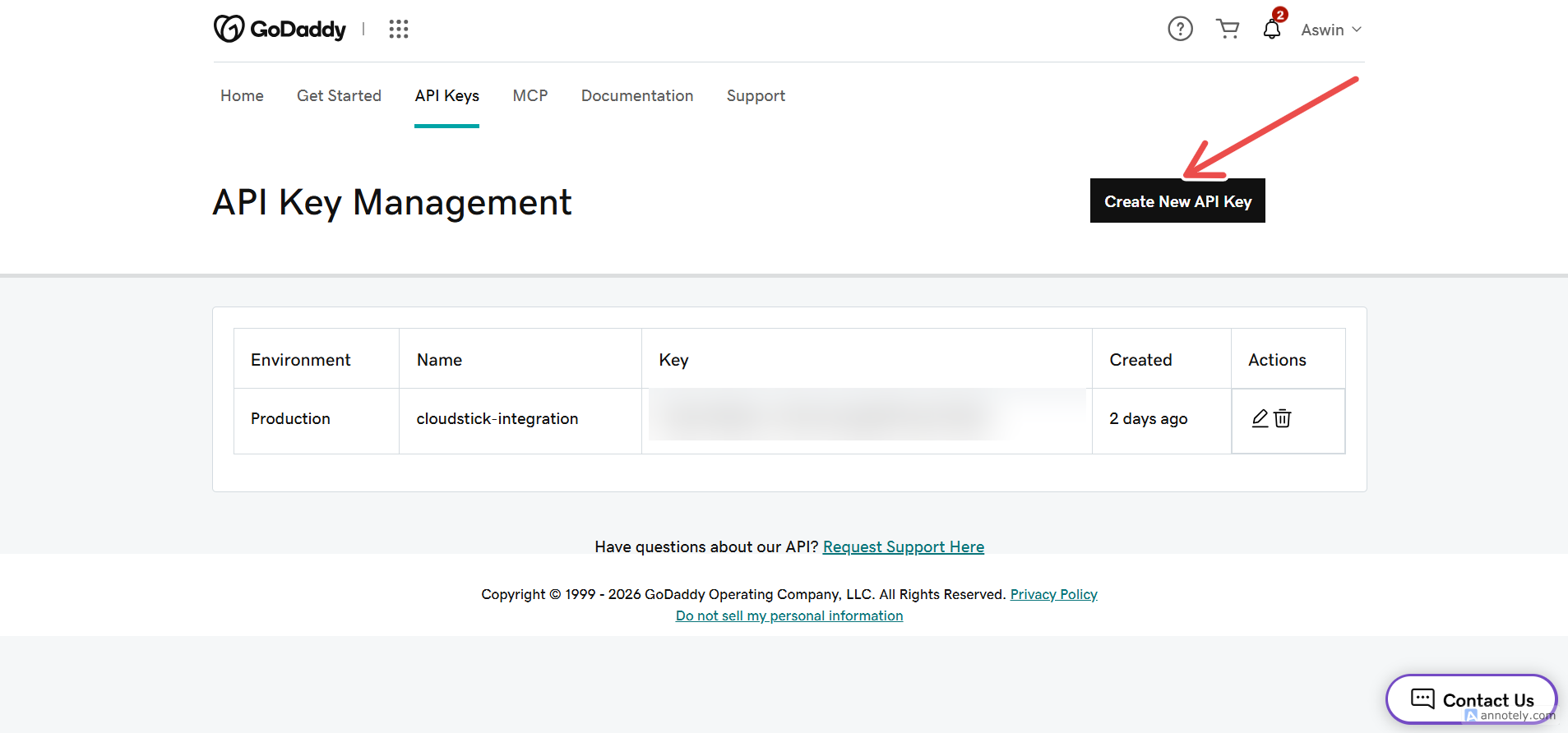 Fig. 03 — API Key Management page with the Create New API Key button.