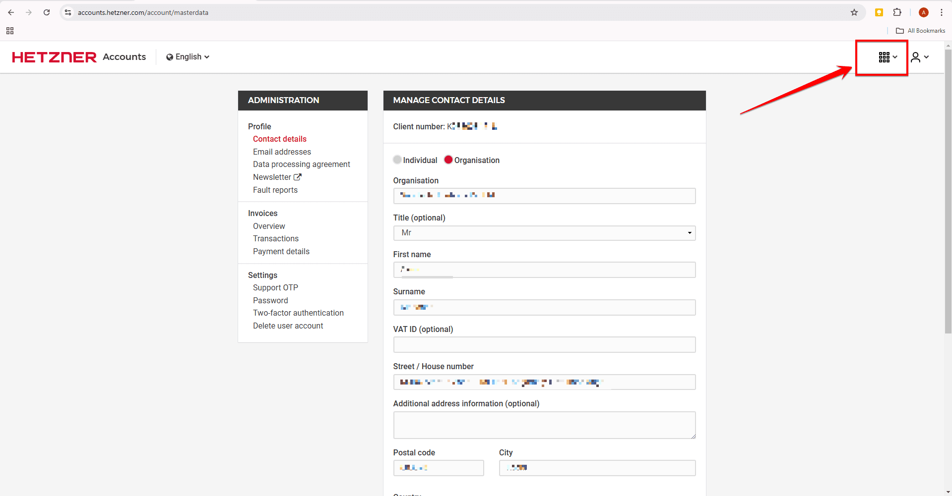 Fig. 01 — Hetzner dashboard showing the App Switcher menu in the top-right corner.