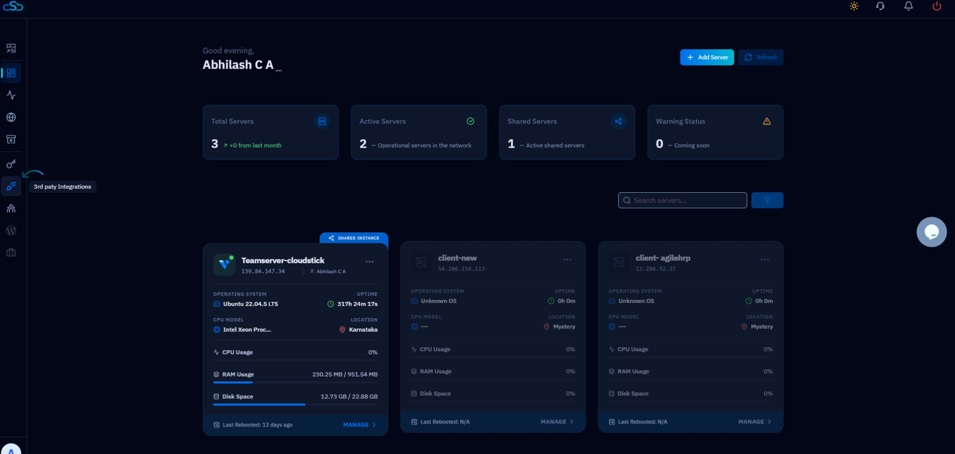 Fig. 10 — CloudStick dashboard with the 3rd party Integrations option highlighted.