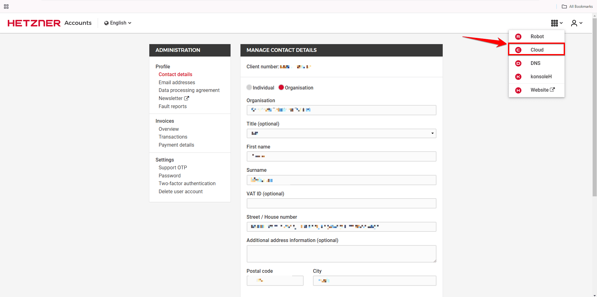 Fig. 02 — App Switcher dropdown opened with the Cloud option highlighted.