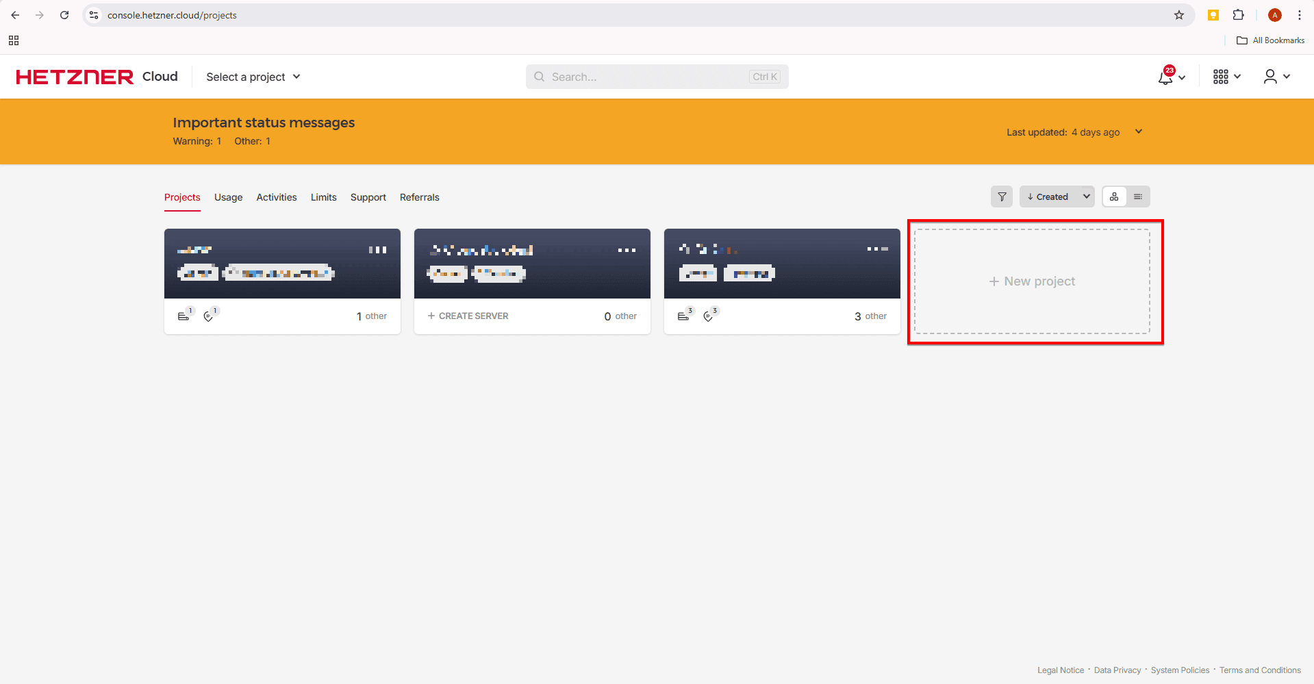 Fig. 03 — Hetzner Cloud console showing the New Project tab.