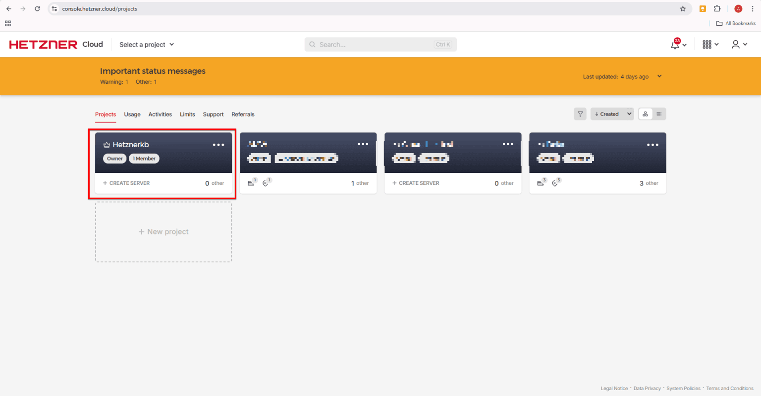 Fig. 05 — Success popup confirming project creation, with the project now listed under Projects.