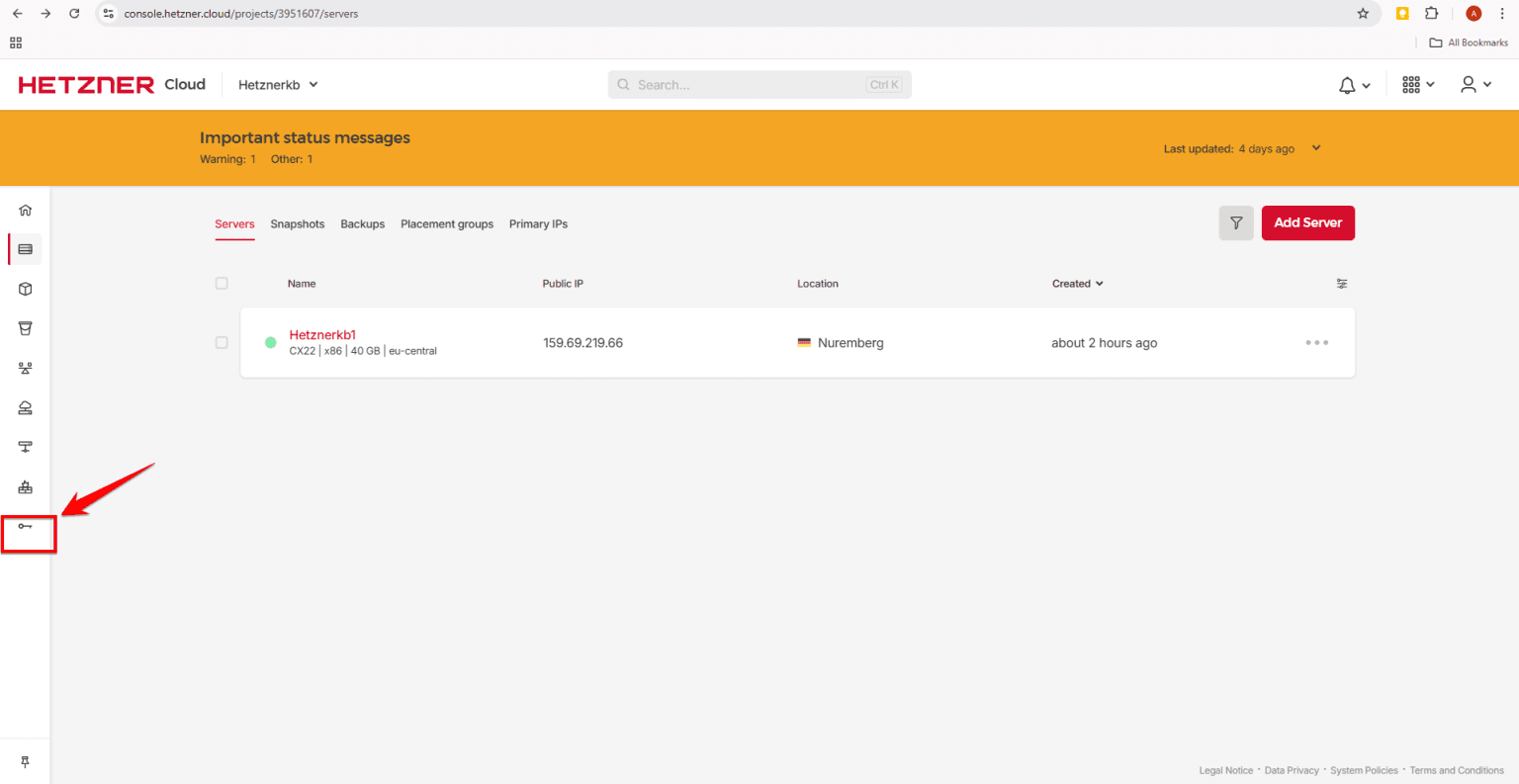 Fig. 06 — Project dashboard with the Security option highlighted in the bottom-left menu.