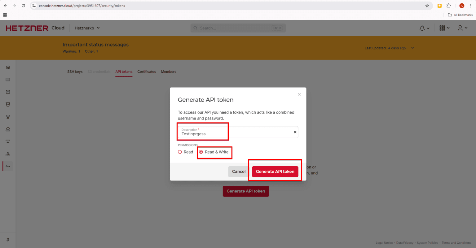 Fig. 08 — Token creation form showing the description field and permissions selector.