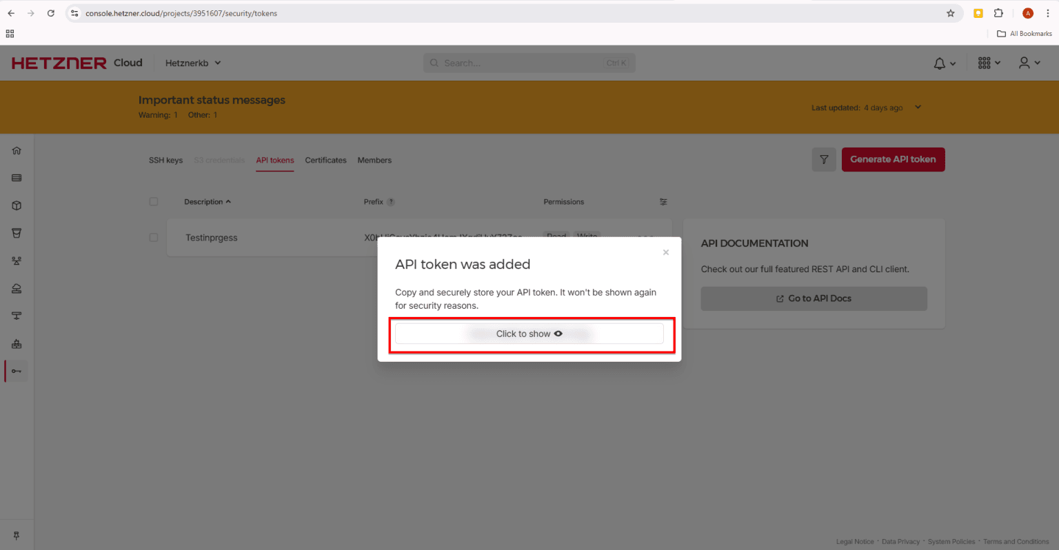 Fig. 09 — Generated API token with the 'Click to show' option to reveal and copy the key.