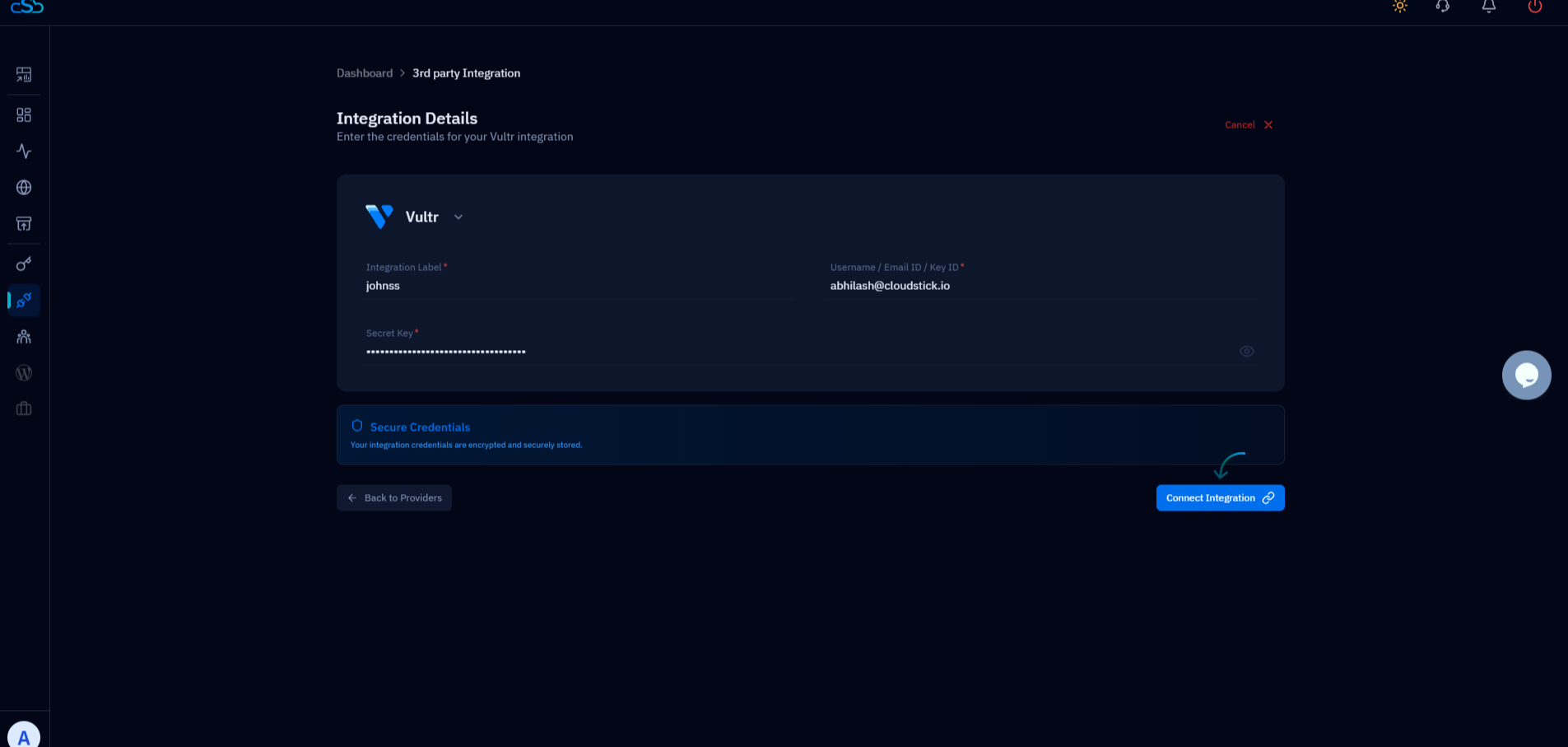 Fig. 02 — Vultr API settings page showing the API key management section.