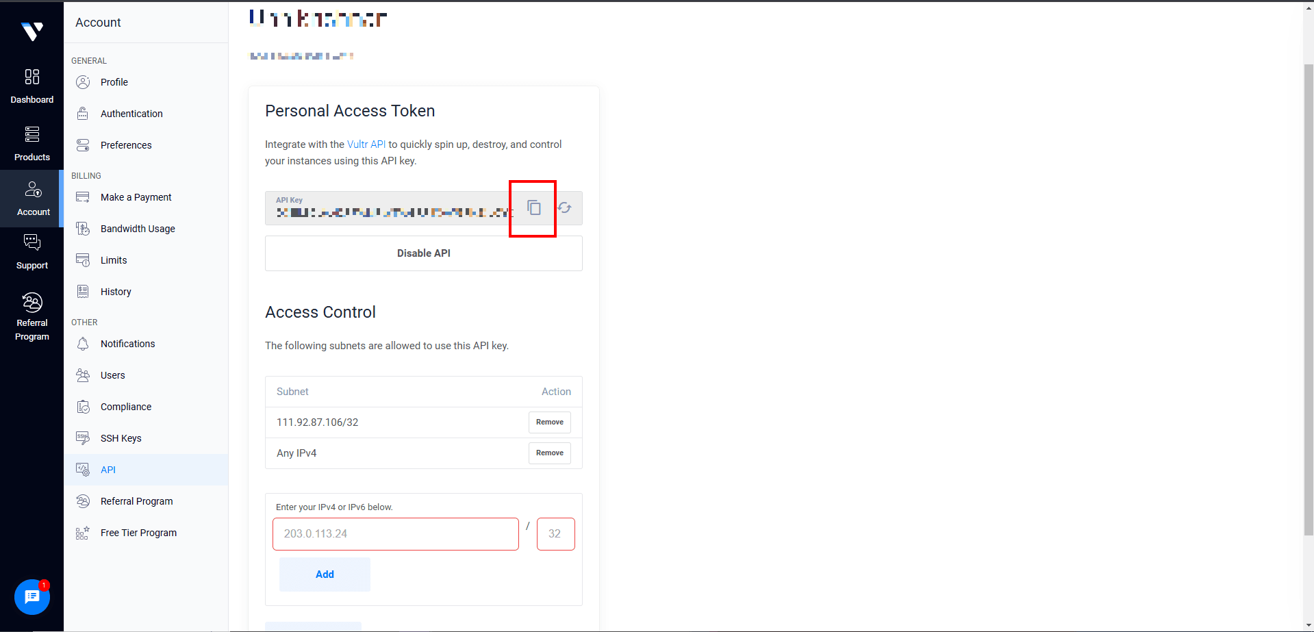 Fig. 04 — API key copied confirmation on the Vultr API settings page.