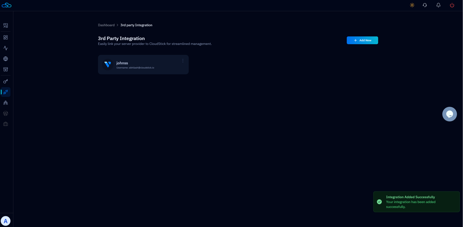 Fig. 07 — Add Integration form showing the label, username, and API key fields for Vultr.