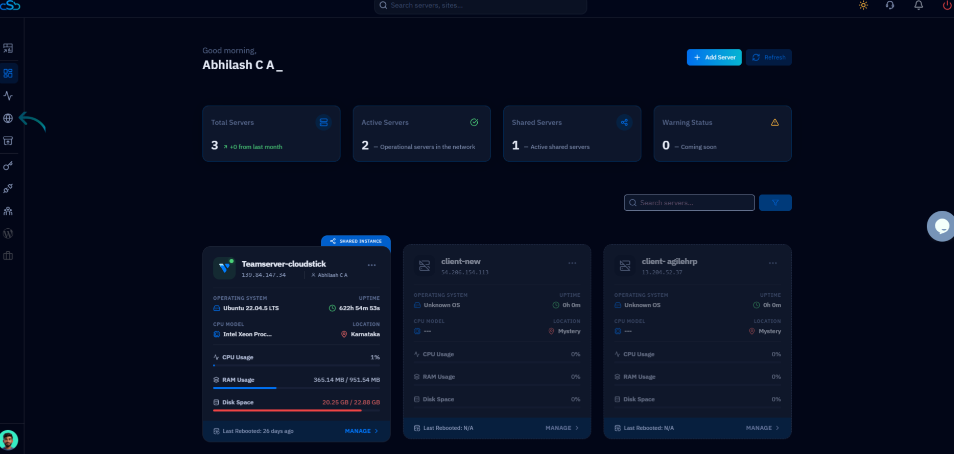 Fig. 01 — CloudStick main dashboard showing connected servers after login.