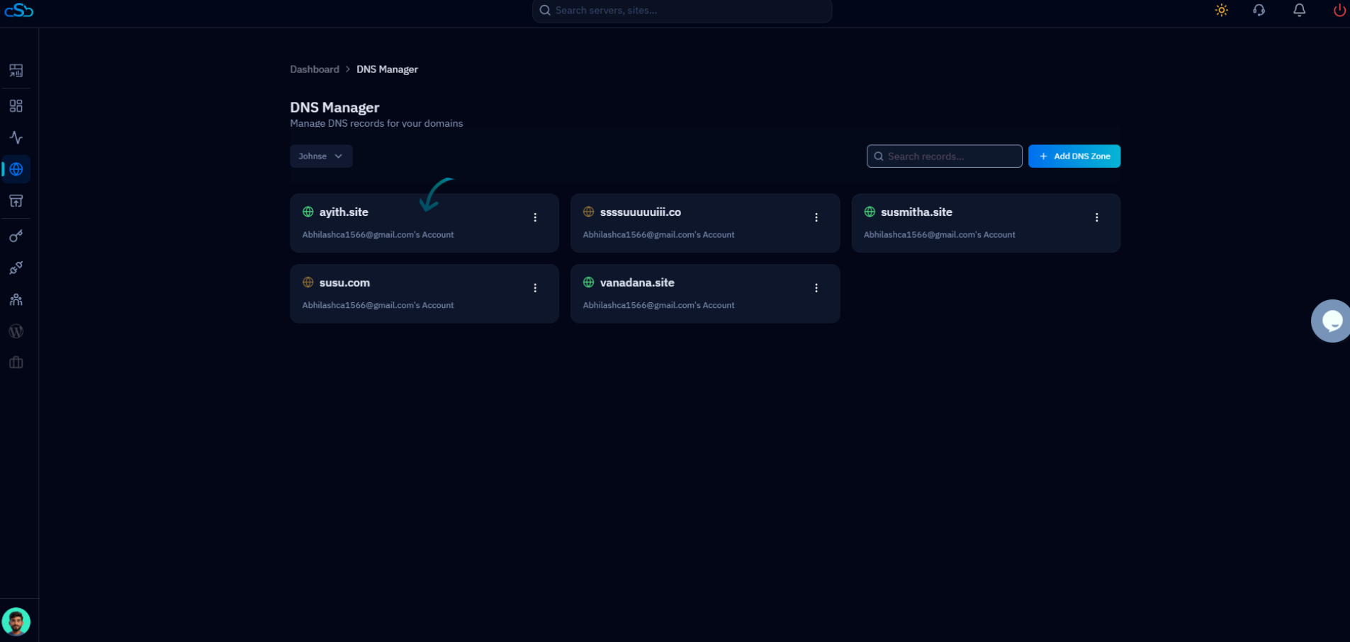Fig. 02 — DNS Manager showing all domains fetched from the connected Cloudflare account.