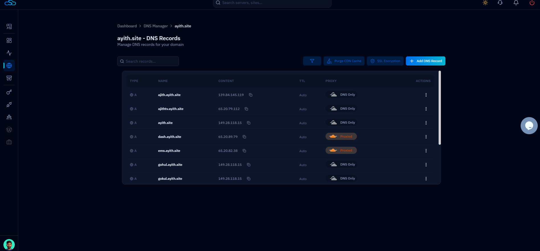 Fig. 03 — DNS Records page for a domain, showing all records with Type, Name, Content, TTL, and Proxy status.