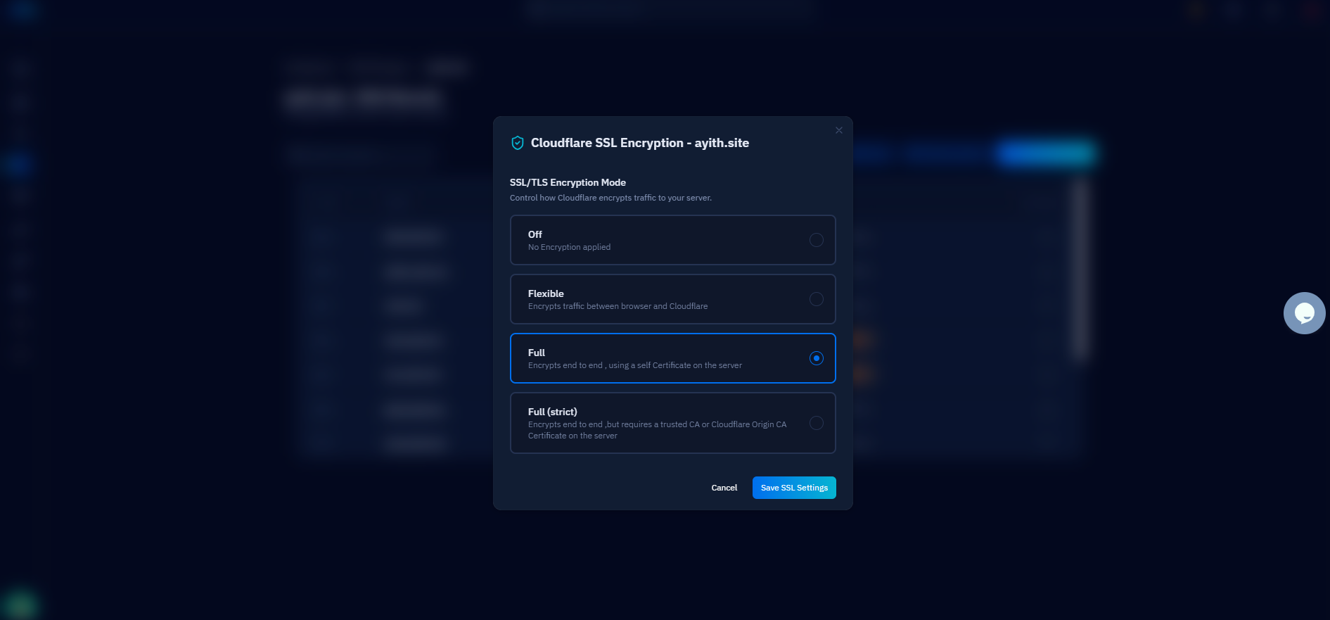 Fig. 08 — Cloudflare SSL Encryption modal showing Off, Flexible, Full, and Full (Strict) encryption modes.