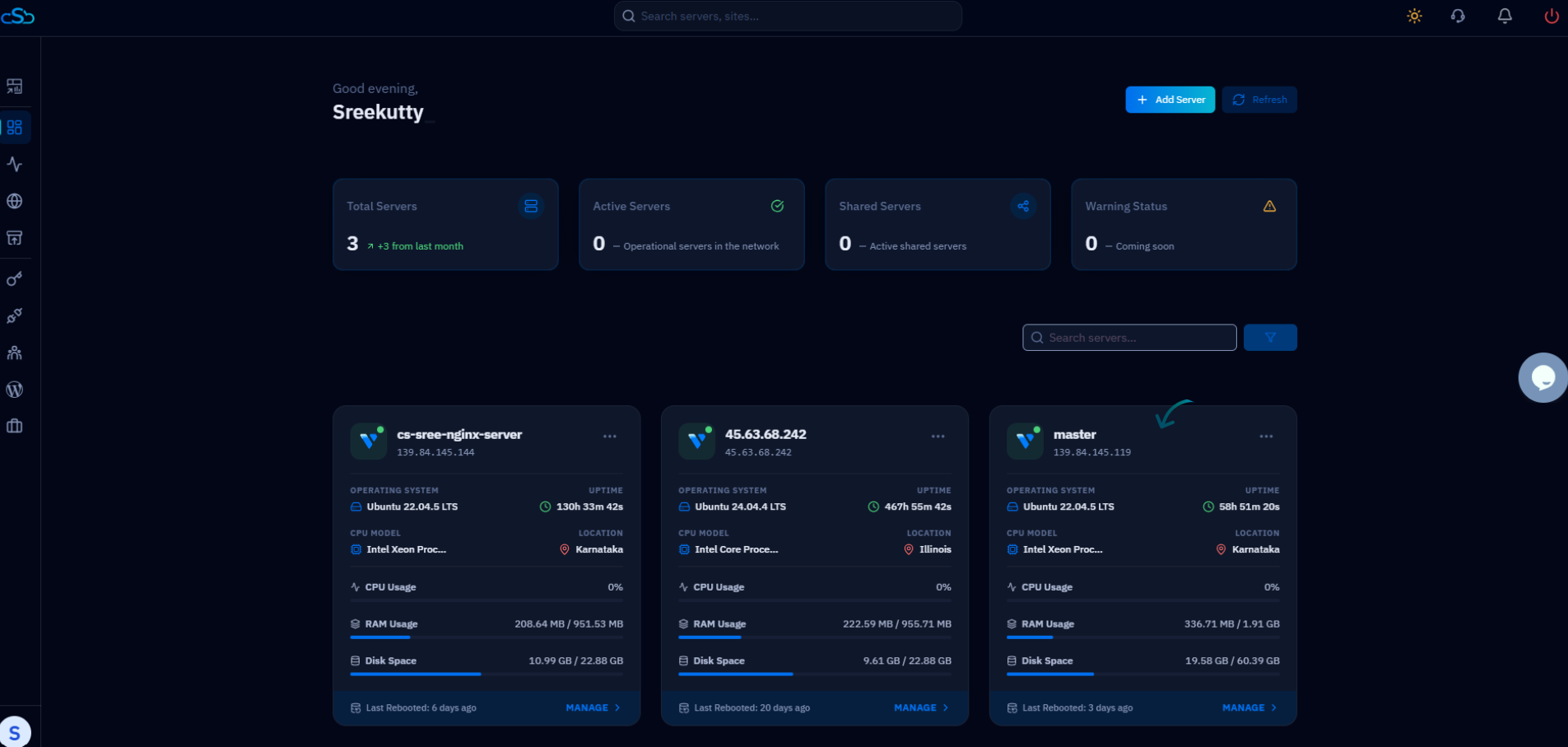 Fig. 01 — Dashboard showing connected servers. Select the server that hosts the website whose files you want to manage.