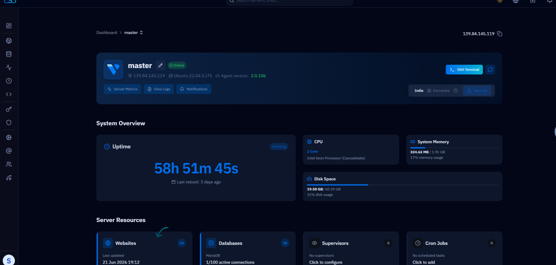 Fig. 02 — The server panel with the Websites section, where all web applications on the server are listed.