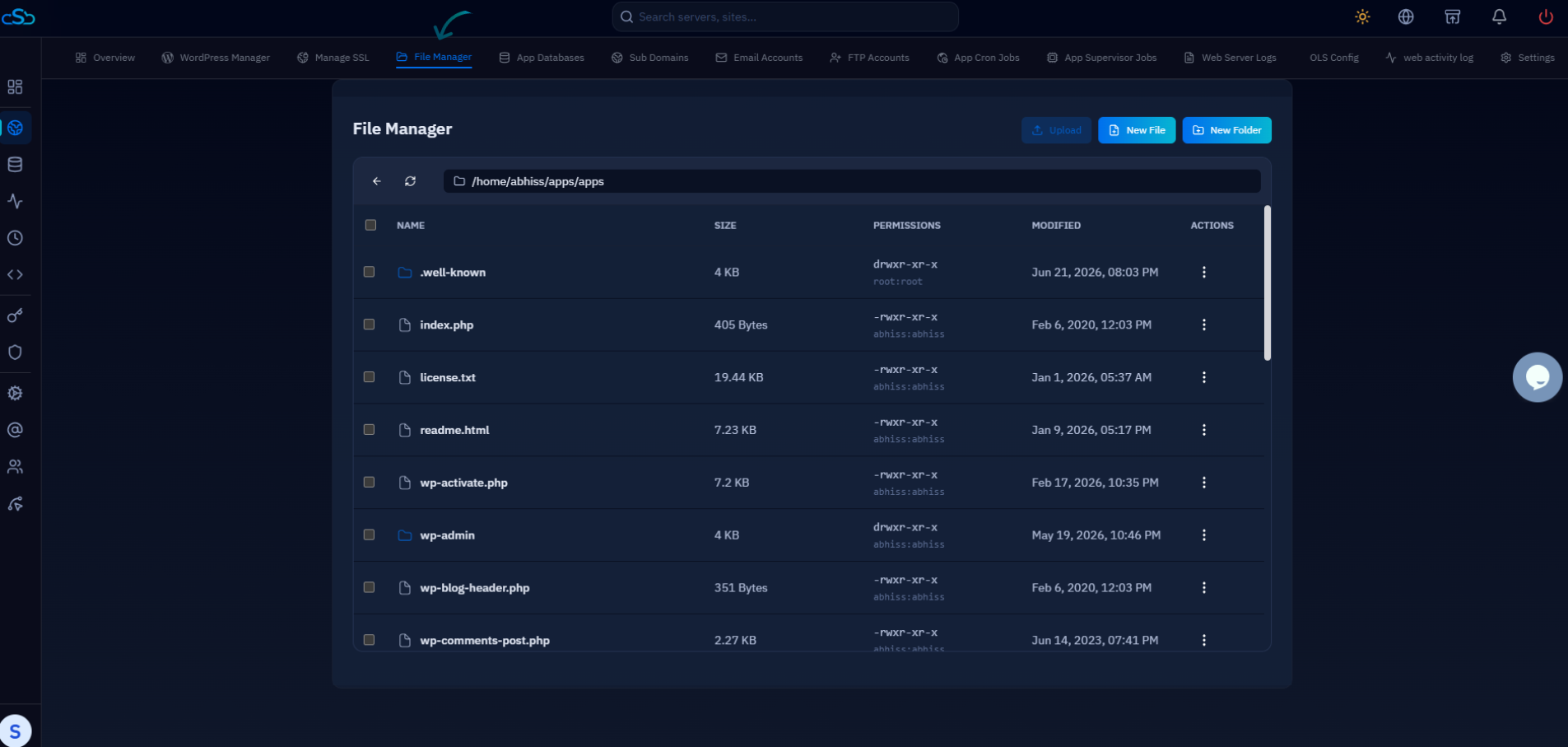 Fig. 03 — File Manager listing showing the Name, Size, Permissions & Ownership, Modified, and Actions columns.