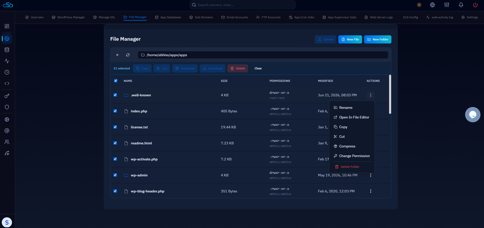 Fig. 04 — Files selected in the File Manager with the action options (Rename, Copy, Cut, Compress, Change Permission, Delete) available.