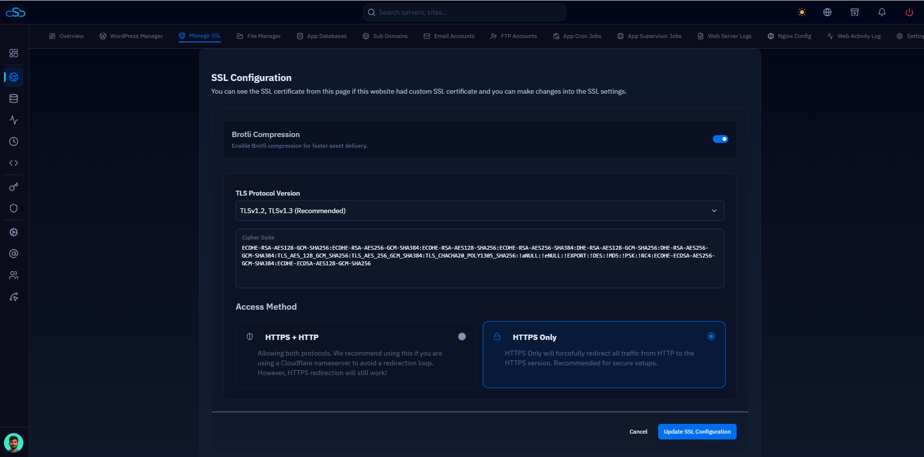 Fig. 04 — SSL Configuration page with HTTPS Only selected under Access Method; click Update SSL Configuration to apply.