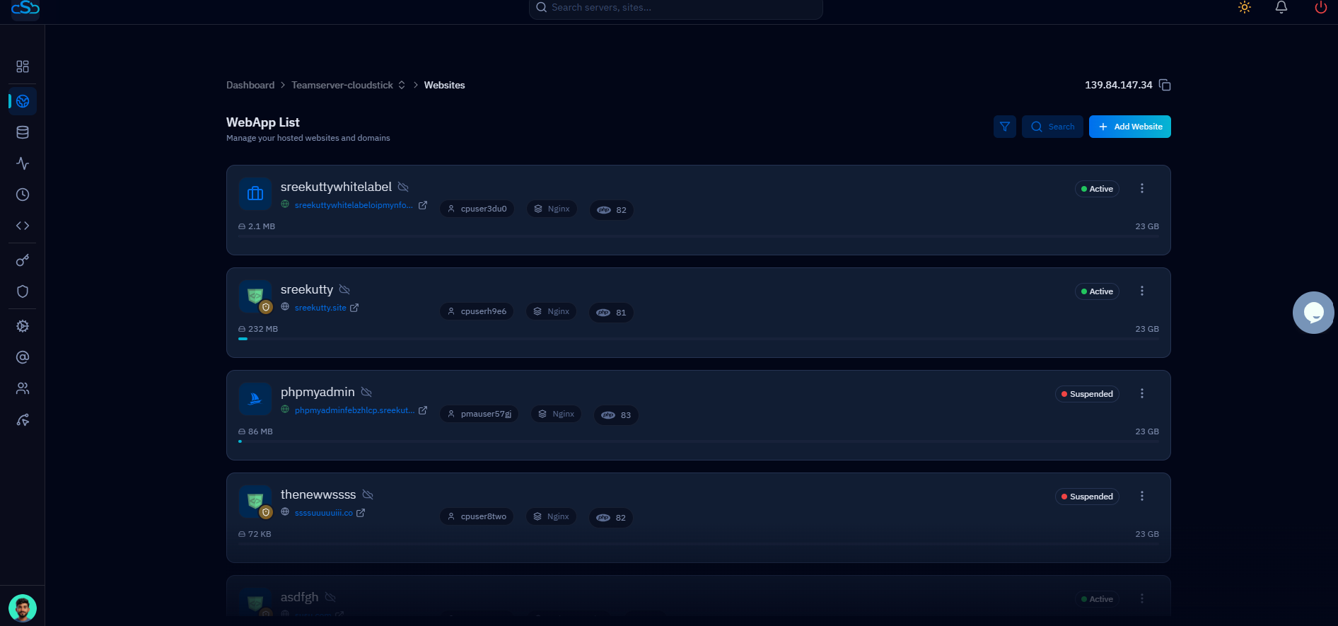 Fig. 03 — WebApp List showing all hosted websites; click the one you want to add a subdomain to.