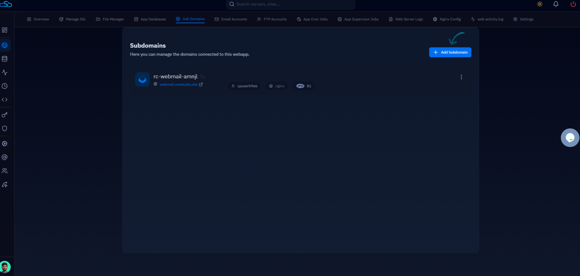 Fig. 05 — Subdomains section listing connected subdomains, with the Add Subdomain button in the top-right.