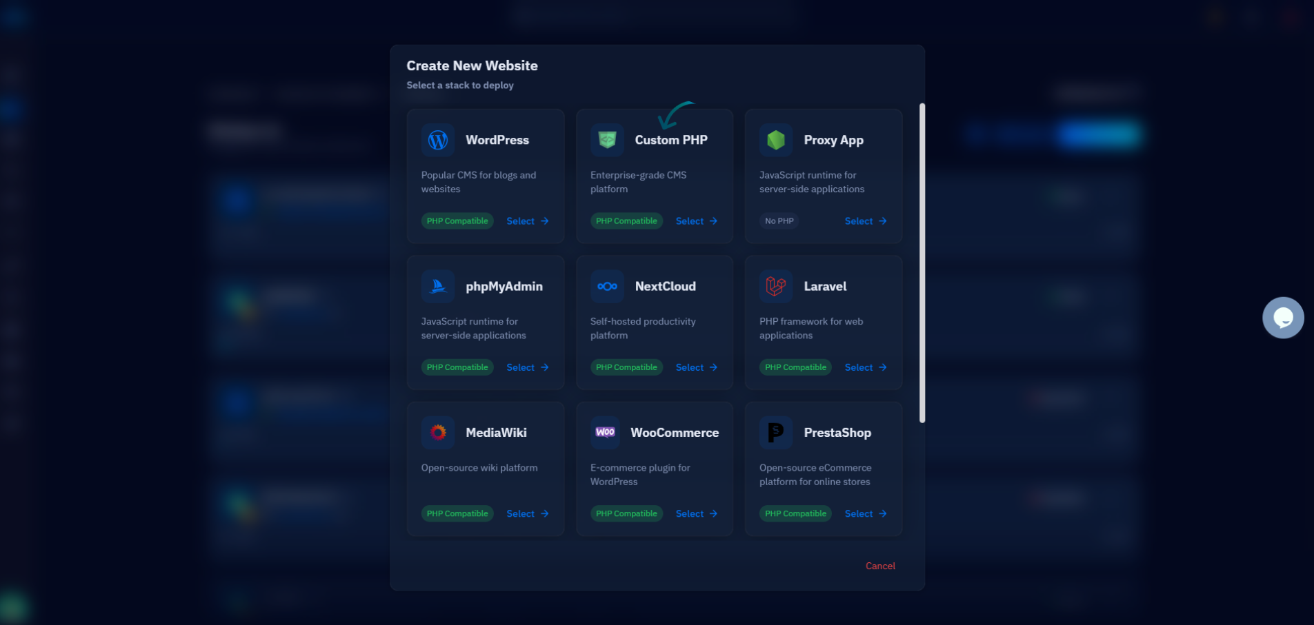 Fig. 06 — Create New Website dialog; select the stack the subdomain should be deployed on.