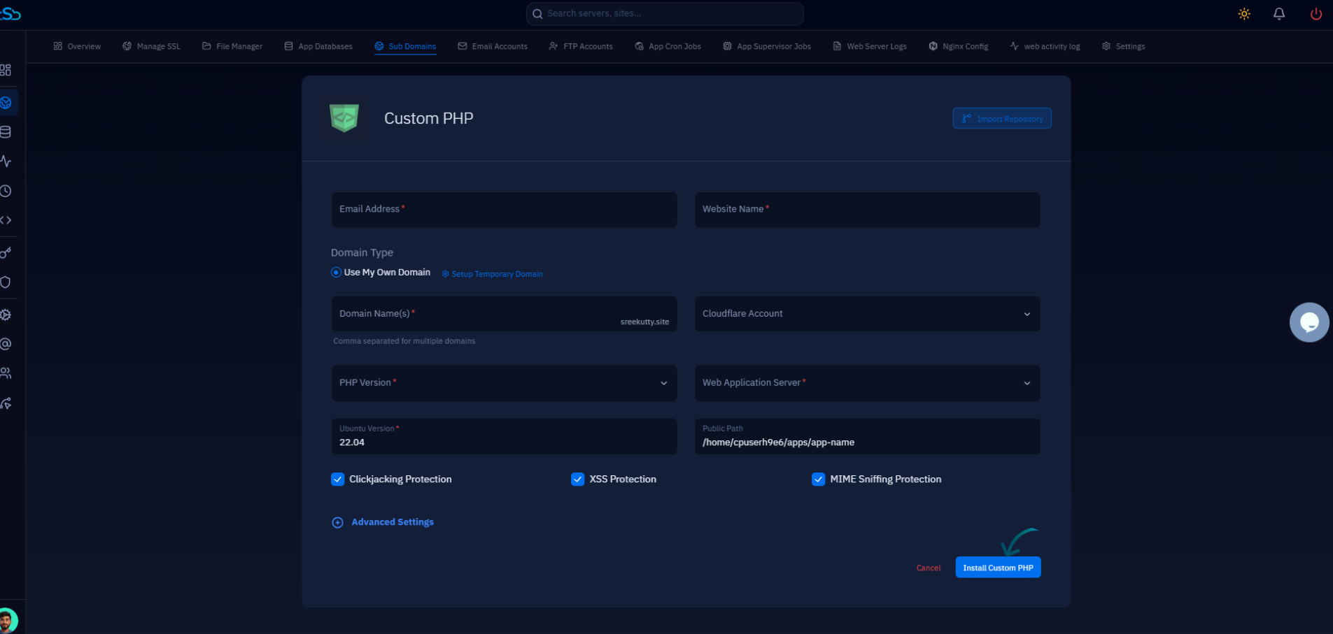 Fig. 07 — Subdomain configuration form; complete the fields and click the create / install button.
