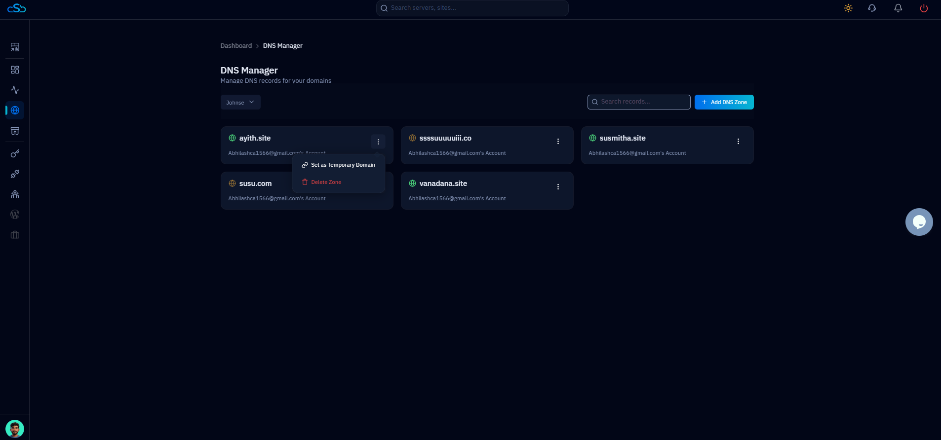 Fig. 02 — DNS Manager with the Actions menu open, showing the Set as Temporary Domain option.
