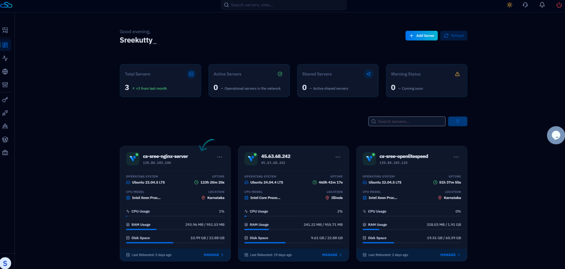 Fig. 01 — The CloudStick Dashboard listing all connected servers; click the server you want to update.