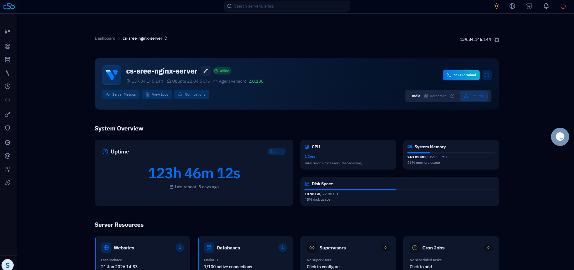 Fig. 03 — After the update, the server header shows the updated Agent version (e.g. 2.0.106).