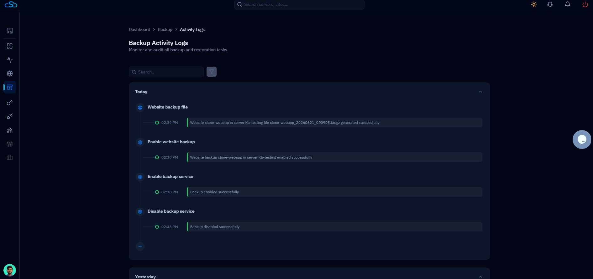 Fig. 03 — The Backup Activity Logs view, grouped by day, listing each backup operation with its status and timestamp.