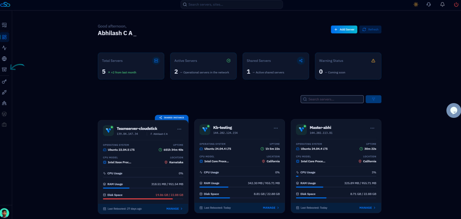 Fig. 01 — The CloudStick main dashboard after signing in, showing all connected servers.