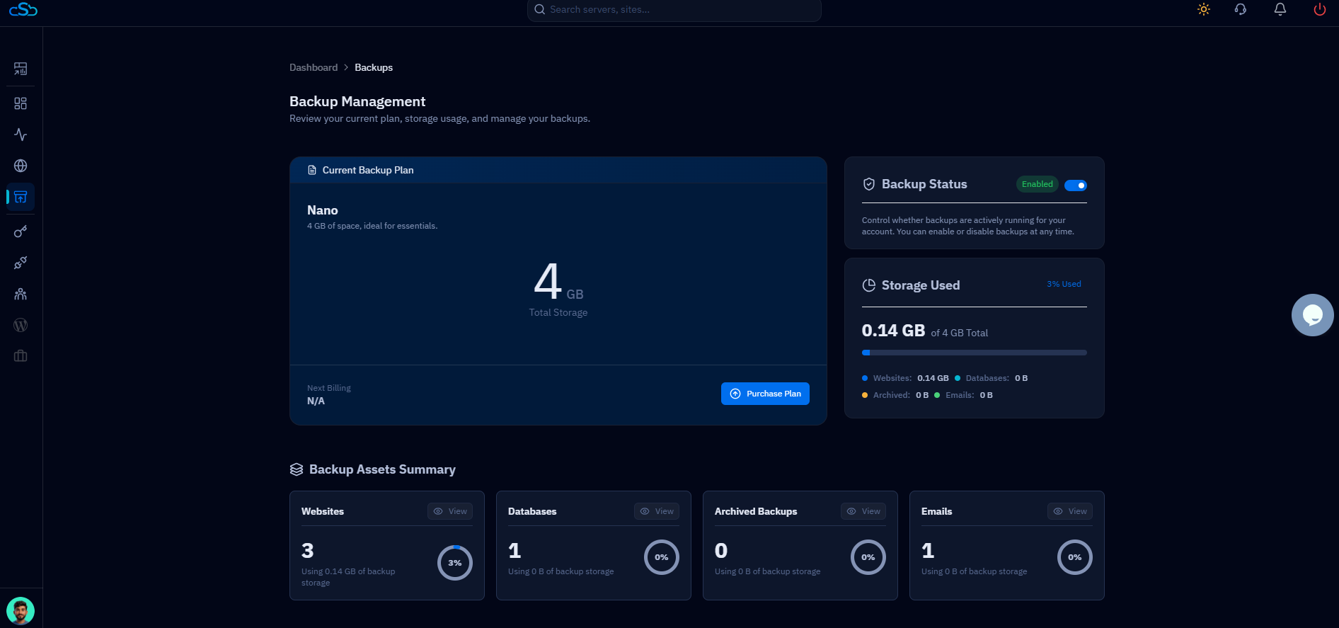 Fig. 02 — The Backup Management page showing the current plan, storage usage meter, and Backup Assets Summary.