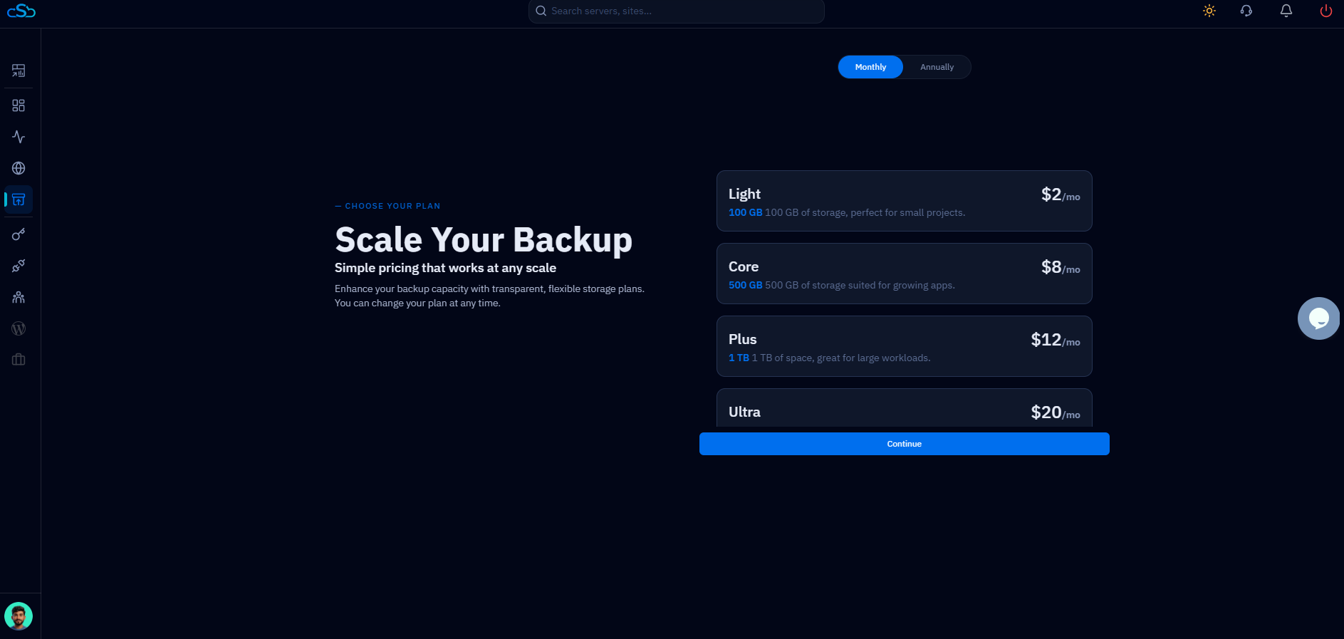 Fig. 04 — Scale Your Backup plan selection showing monthly pricing tiers.