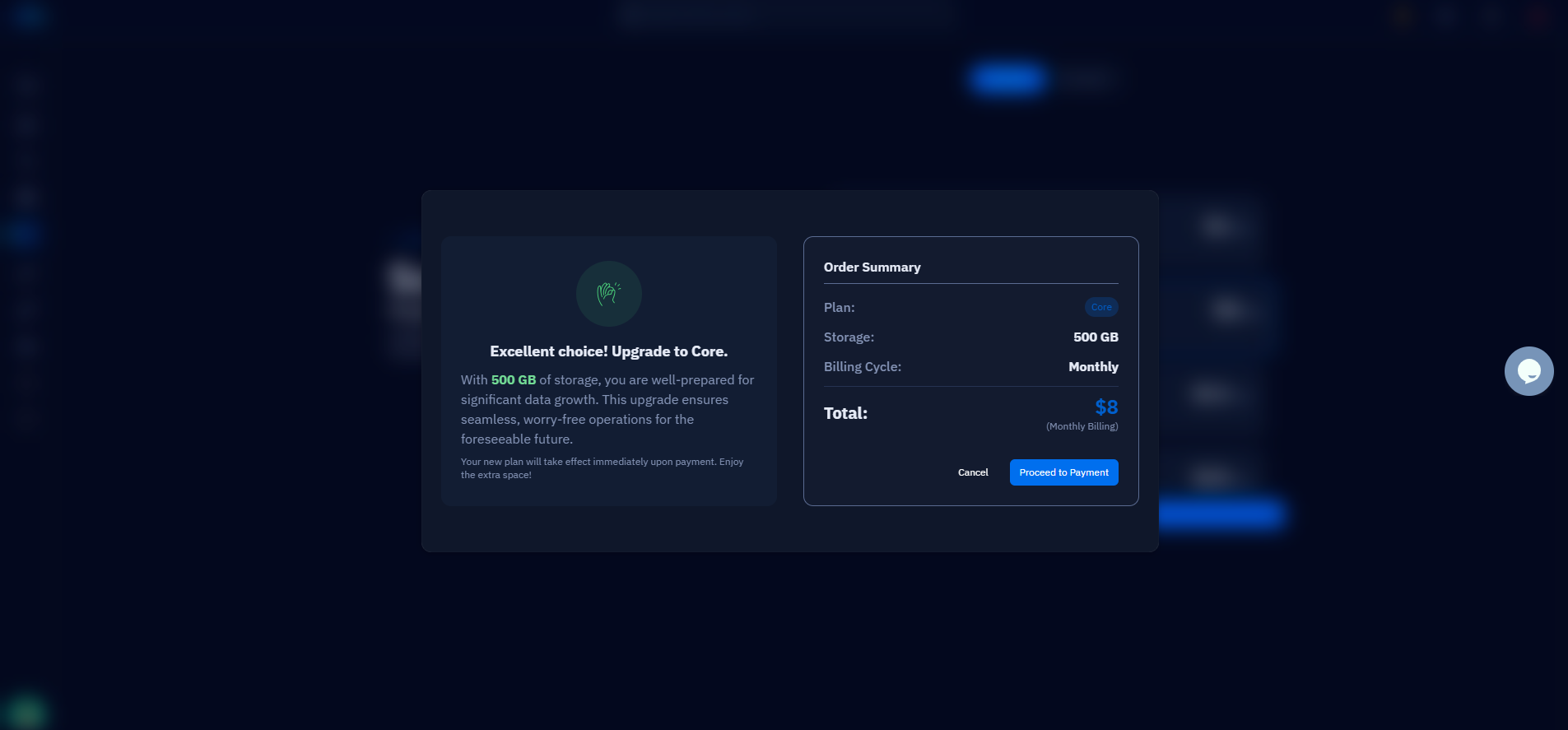 Fig. 06 — Order Summary modal confirming plan name, storage, billing cycle, and total amount before payment.