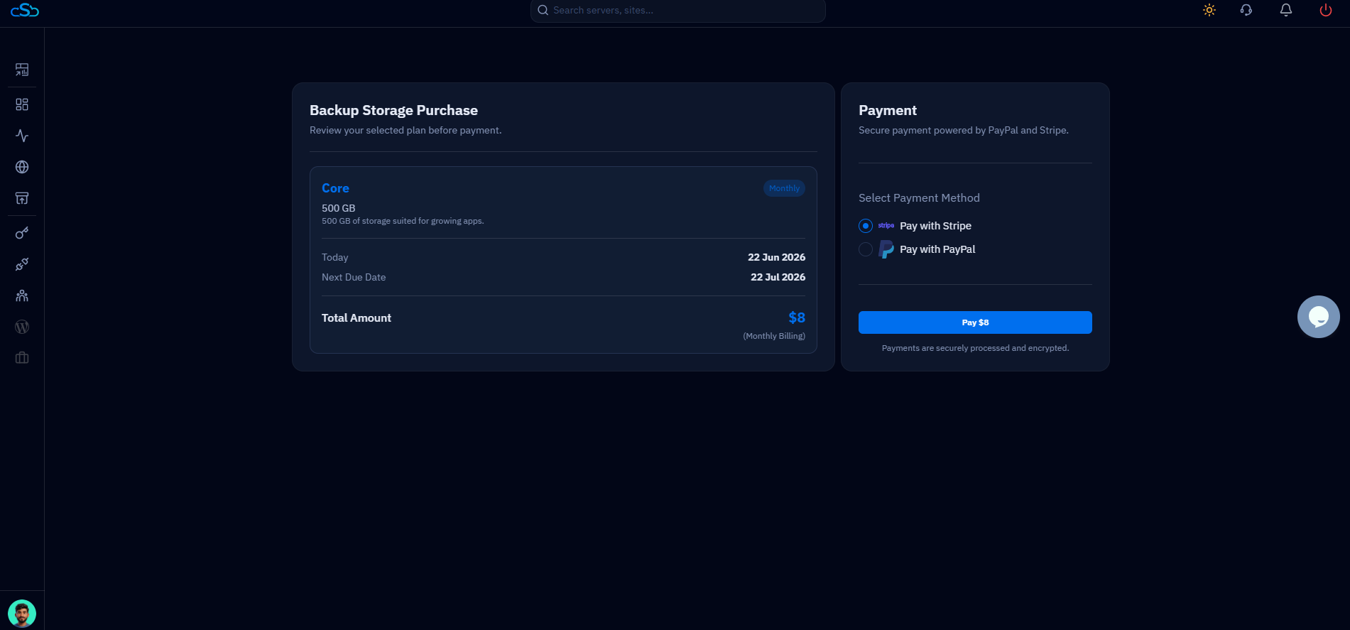 Fig. 07 — Backup Storage Purchase page showing plan details on the left and Stripe/PayPal payment options on the right.