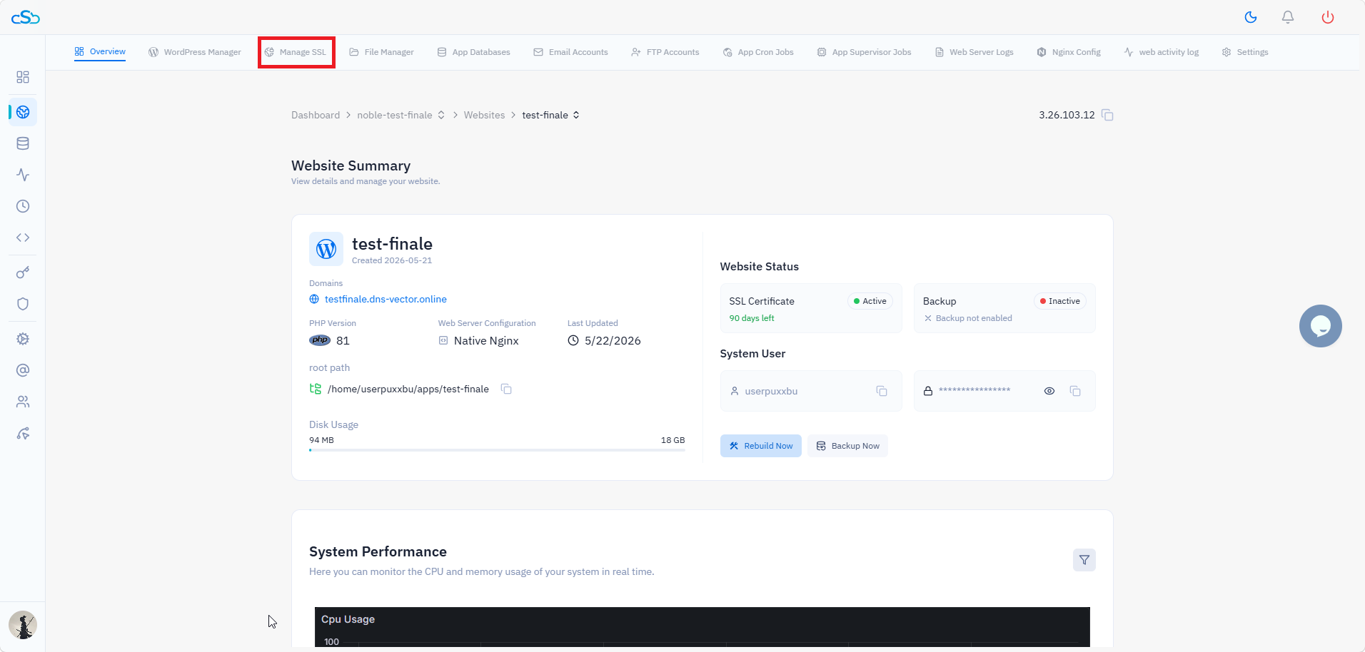 Fig. 01 — Website panel with the Manage SSL tab highlighted in the top navigation bar.