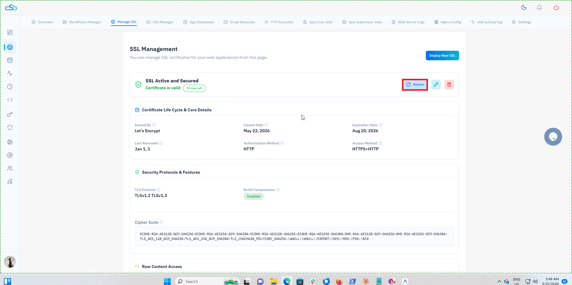 Fig. 02 — SSL Management page showing the Renew button next to an active certificate.