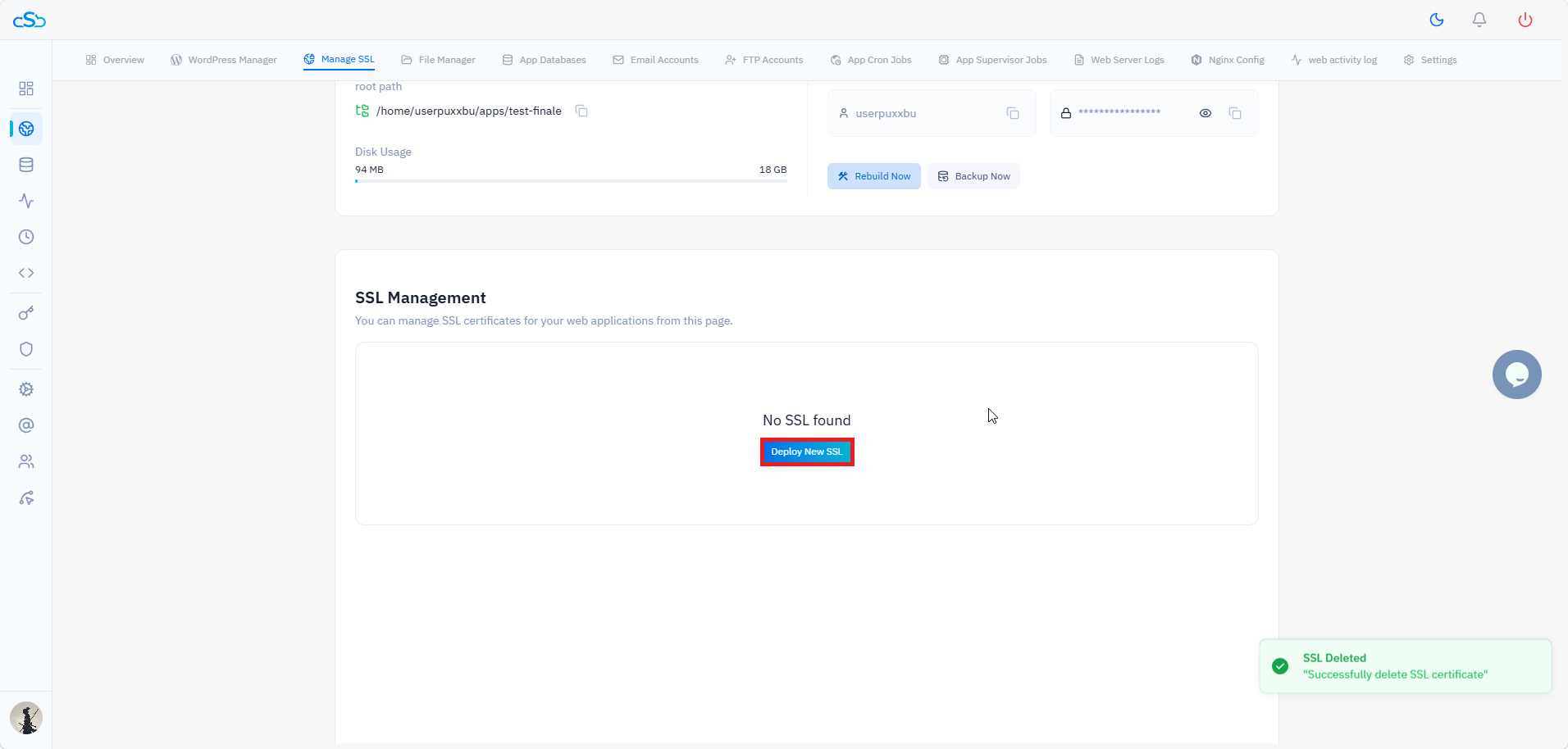 Fig. 04 — SSL Management page showing 'No SSL found' after deletion, with the Deploy New SSL button ready.