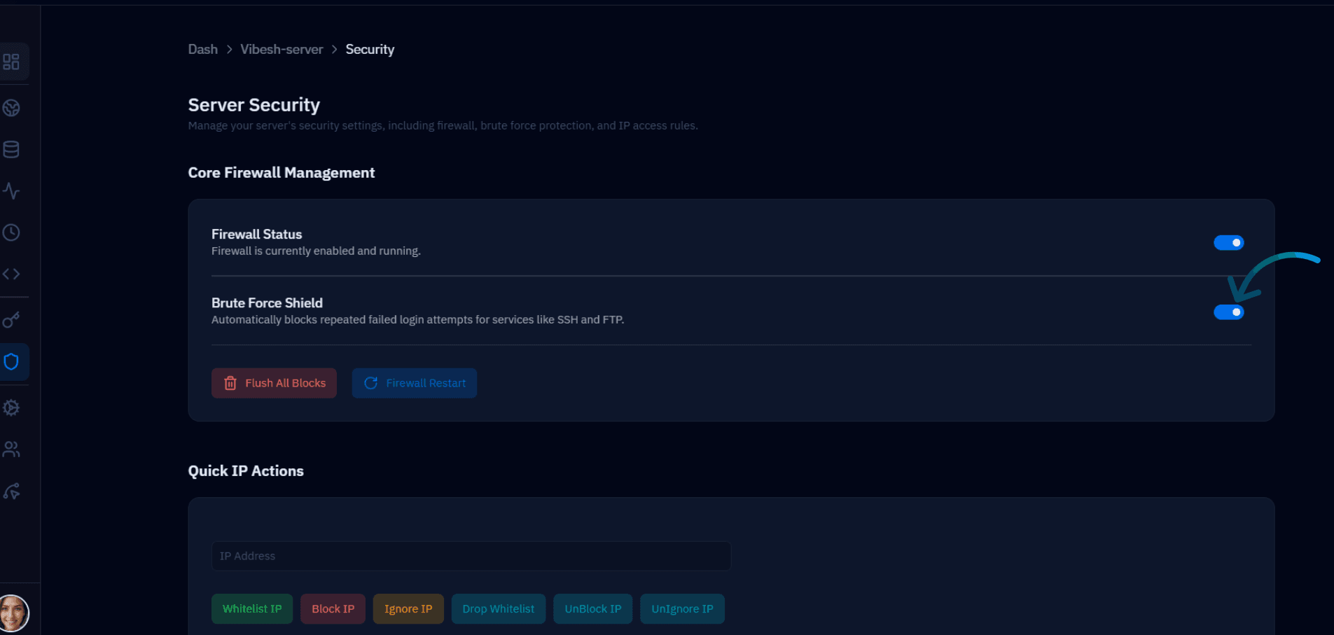 Fig. 01 — Server Security page showing the Brute Force Shield toggle enabled under Core Firewall Management.