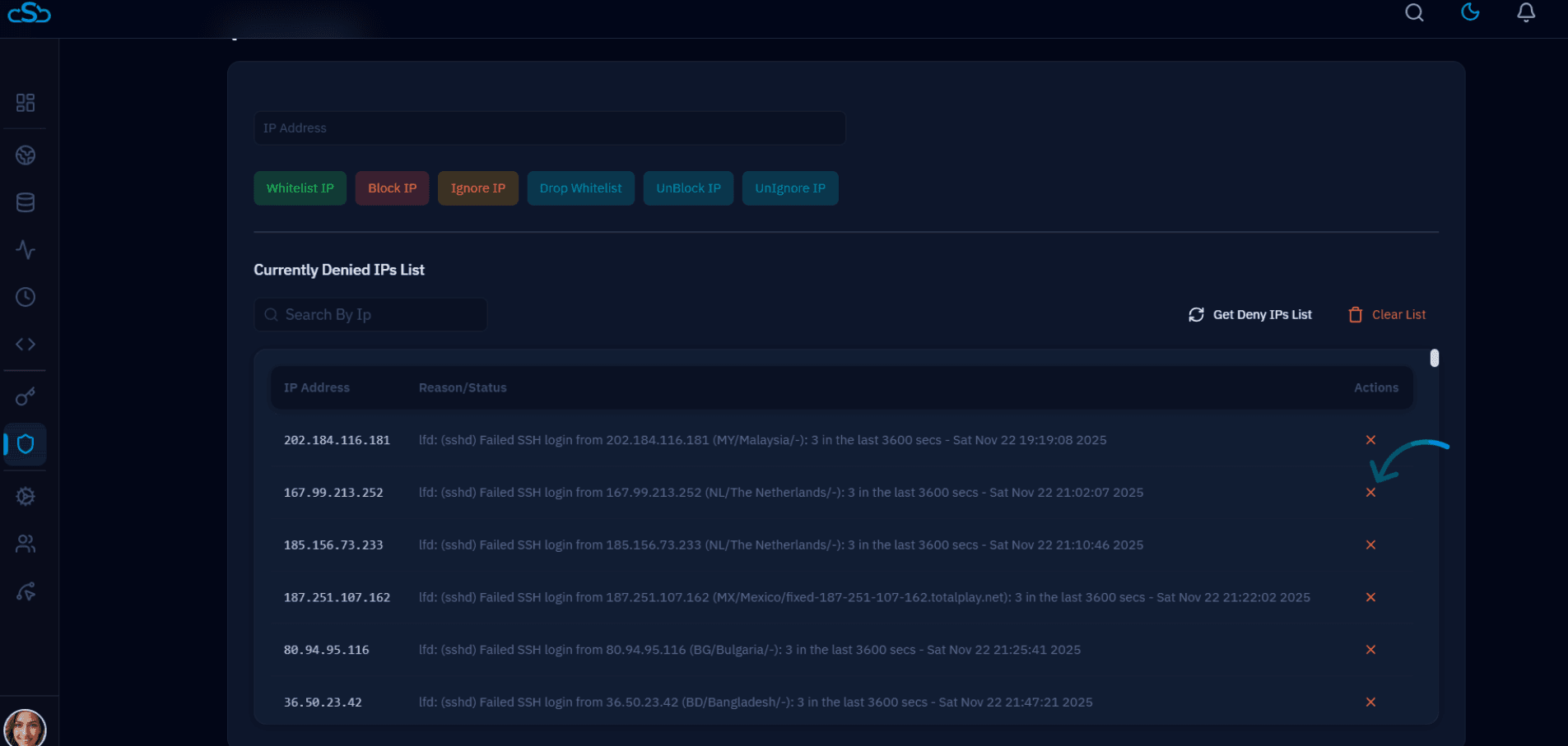 Fig. 01 — Currently Denied IPs List showing blocked IPs with SSH failure reasons and the remove (✕) action button highlighted.